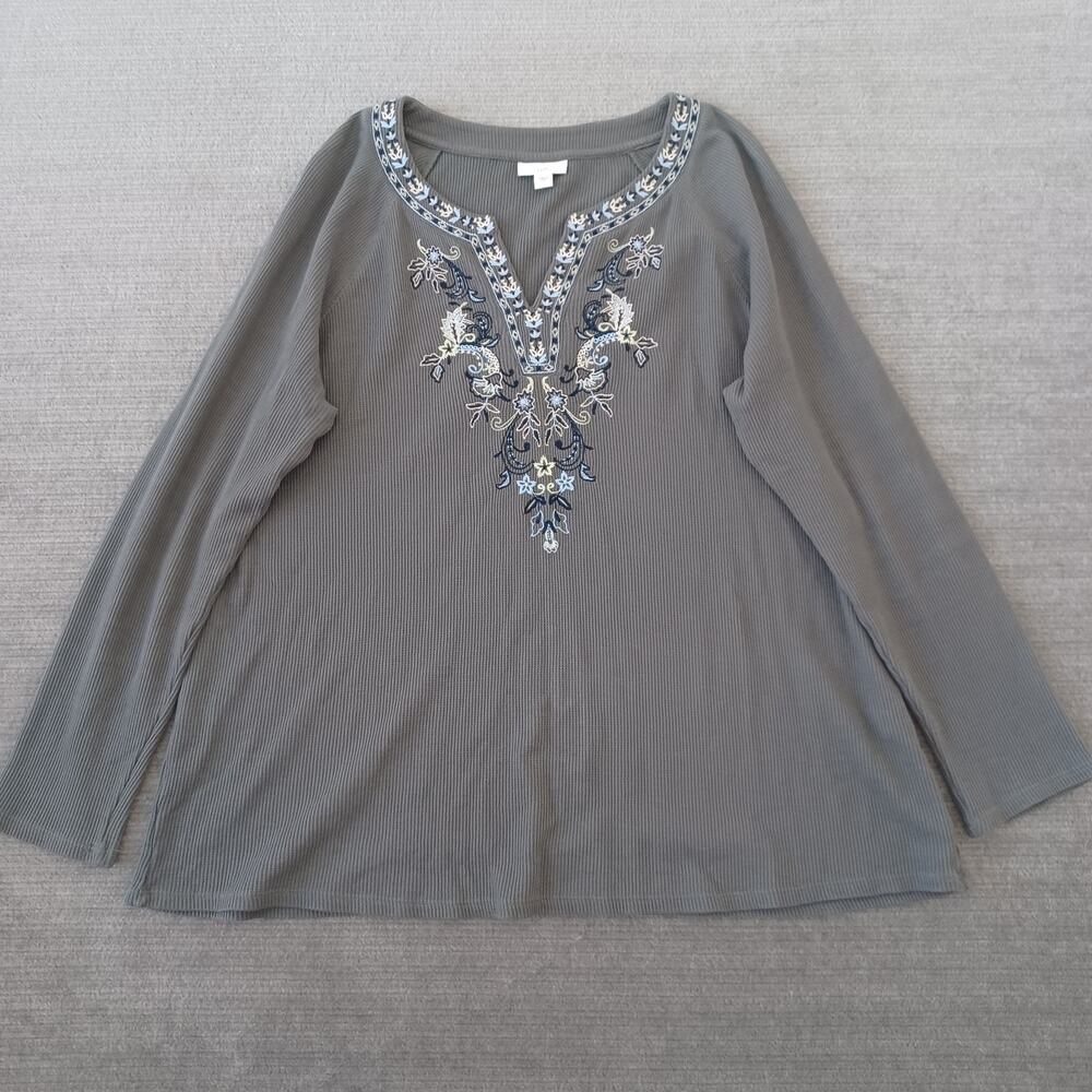 J Jill Top Women L Green Thermal Waffle Embroidery Minimal V Neck Casual